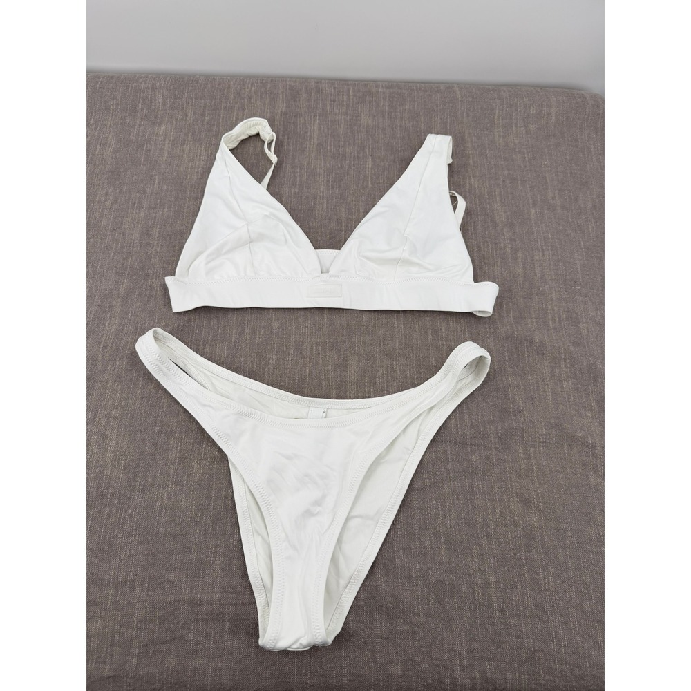 SKIMS Recycled Swim Plunge Bikini Top & Cheeky Tanga Set Snow White Size L NWT